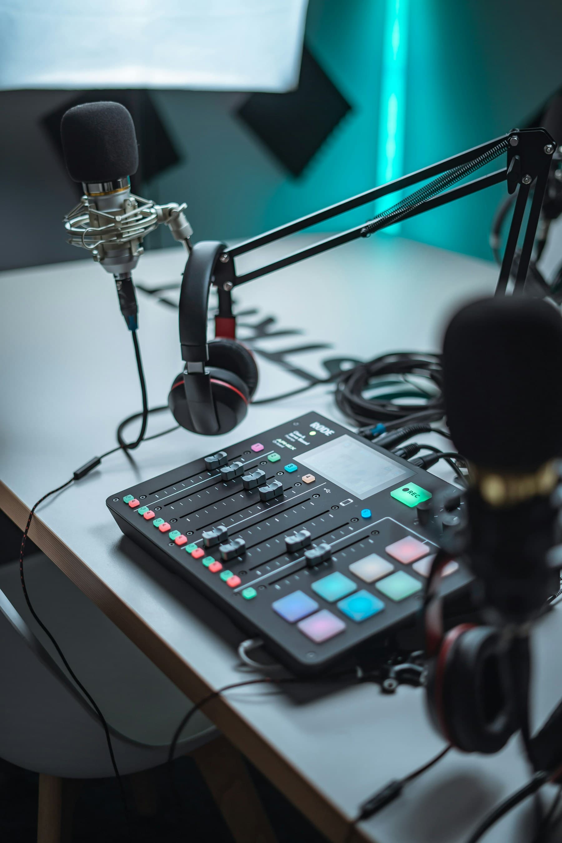 Radio production console and microphones